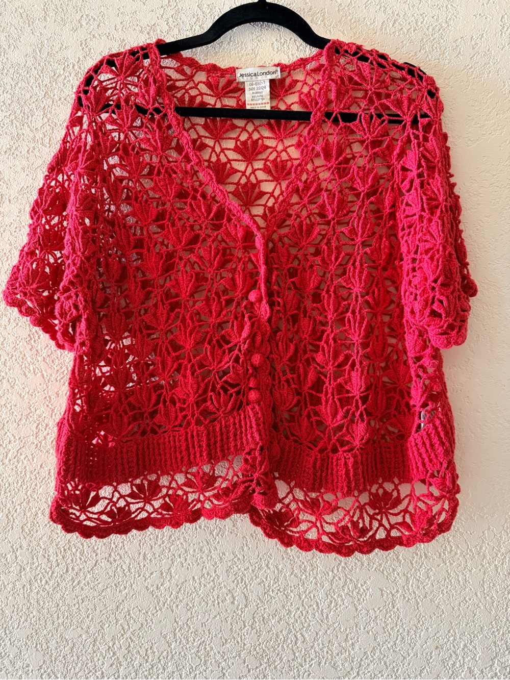 JESSICA LONDON Crochet Knit Button Up Red Shurg Cover Up Cardigan Sz 22/24